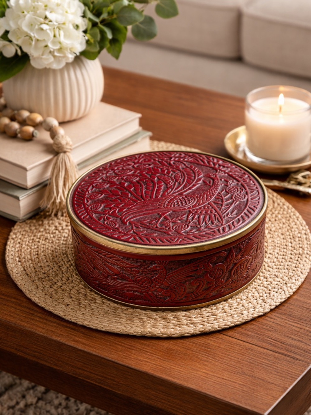 VTG Peacock Embossed Faux Leather On Enameled Metal Tin Smith Crafted Chicago